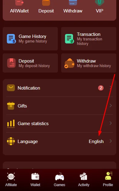 Click on language option